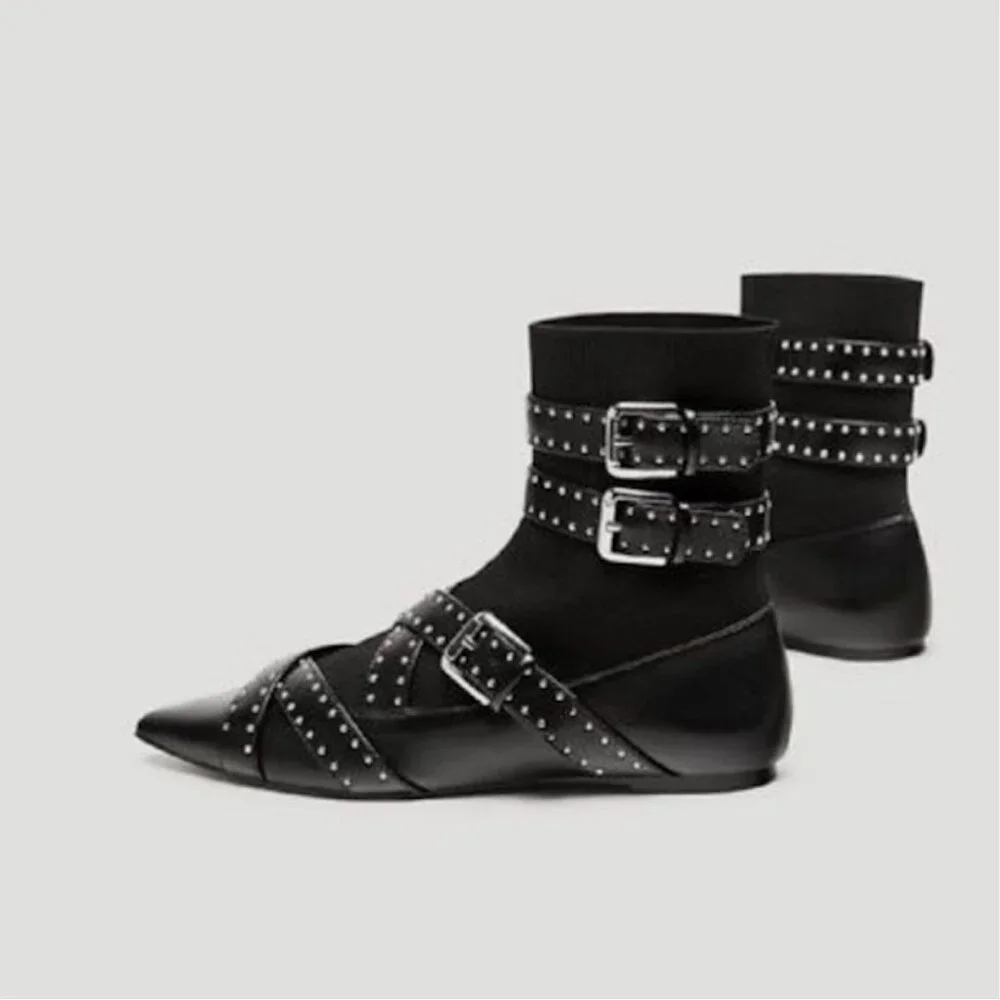 NWOB Zara Flat Vegan Buckled Studded Sock Ankle Boot